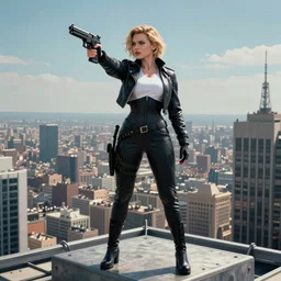 « highly detailed, scarlett johnson caring a gun, full body portrait, ghost in the shell, view on the city on the top of a skyscraper »