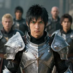 male with black short hair and green eyes wearing paladin armor by Greg Rutkowski, Sung Choi, Mitchell Mohrhauser, Maciej Kuciara, Johnson Ting, Maxim Verehin, Peter Konig, final fantasy , mythical, 8k photorealistic, cinematic lighting, HD, high details