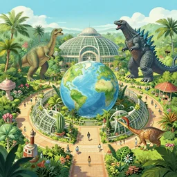 wide angle view, far shot, botanical garden at the center of the earth by jules verne, dinosaurs and godzilla, in style of crowded illustration