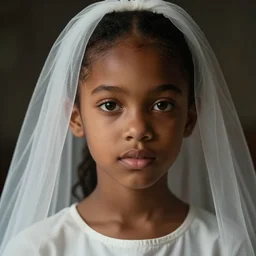 a photorealistic hyperrealistic, bright brown eyes, light skinned african american young girl, short ponytail hair, flawless face, beautiful lips, cute face, wearing a nice shirt, gorgeous white veil, petite, by wlop, artgerm, greg rutwoski, alphonse mucha, beautiful dynamic dramatic low - light moody lighting, cinematic atmosphere, artstation, concept design art, octane render, 8 k