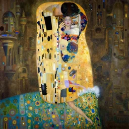 portrait of a surreal goddess floating in front of a futuristic ancient Atlantis, painting by Gustav Klimt and Greg Rutkowski