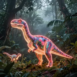 spectral neon dinosaurs, foggy jungle in the background, by greg rutkowski