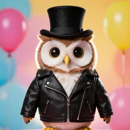 cute owl wearing black biker jacket, portrait photo, backlit, studio photo, background colorful, tophat, party