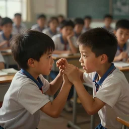 two kids fighting in a crowded classroom, digital painting, artstation, concept art, Craig Mullins, Breathtaking, 8k resolution, extremely detailed, beautiful, establishing shot, artistic, hyperrealistic, octane render, cinematic lighting, dramatic lighting, masterpiece, light brazen, extremely detailed and beautiful face
