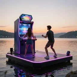 A Dance Dance Revolution machine on a floating platform with two dancers playing it at dawn,