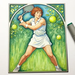 a low angle copic maker art nouveau portrait of a tired russian girl playing tennis on a grass court wearing a futuristic blue anorak and a black latex suit designed by balenciaga by john berkey norman rockwell