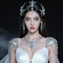 a beautiful woman wearing a white dress made of silver with jewelry and diamonds by karol bak, ayami kojima, arabian blue eyes, concept art, fantasy