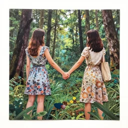paper collage art made of cut up magazines depicting two women holding hands in a trippy forest
