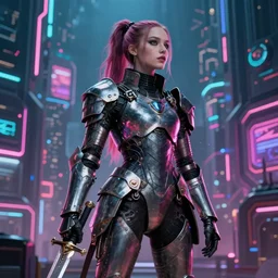 [ grimes in medieval cyberpunk armor ]! holding a [ sword in her hand ]! looking out into the [ futuristic cyberpunk city ]!, digital art! style, trending on [ artstation ], 4 k, cgsociety contest winner, award winning, neon! lighting, neon subsurface scattering!, intricate, full - body!, volumetric lighting!