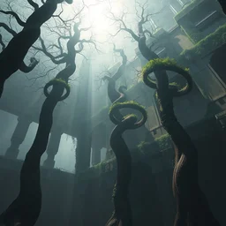 a foreground of tall swirling spiral trees, concrete and ivy in the background, dramatic lighting, mist, hyper detailed, digital art, trending on artstation, cinematic, smooth render, octane render, art style by ruan jia and greg rutkowski and peter mohrbacher and wlop and krenz cushart