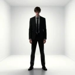 aesthetic digital illustration of a solitary handsome young psychopath standing in an empty white room by brian bolland, rachel birkett, alex ross, and neal adams | sinister, dangerous, character concept, concept art, unreal engine, finalrender, centered, deviantart, artgerm