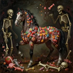 renaissance style painting of a terrifying evil candy themed horse, surrounded by different kinds of candy and bones, evil candy mare, extremely scary, extremely detailed!!!, dark themes, dim lighting, gothic style painting, skeletons everywhere, horrifying, grim colors