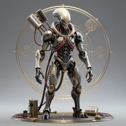 a centered render of an alien bio - organic creature adorned with cables and synthesizer parts is surrounded by sacred geometry, full body, bio - mech face, powerful, cinematic, beautifully lit, by artgerm, by karol bak, 3 d, trending on artstation, octane render, 8 k