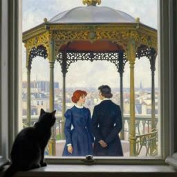couple under a baldachin with city seen from a window frame. fuzzy black cat. henri de toulouse - lautrec, utamaro, matisse, felix vallotton, rene magritte