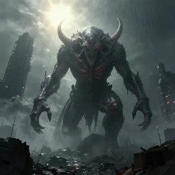 cthulhu destroying a post apocalyptic city, dark, trending on artstation, digital art, fog, sun flare, rain