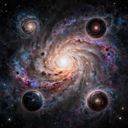 five black hole, intricate, galaxy, highly detailed, digital painting, concept art, illustration, artstation, Profound and vast, UE5, colorful, by Gioele Muscolino