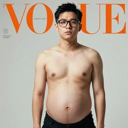 A heavily pregnant young shirtless handsome Asian man with a big belly wearing glasses on the cover of Vogue