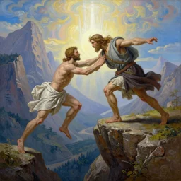 an amazing realistic painting of cain pushing abel from the edge of a cliff with a divine light in the sky, majestic mountains in the background, very detailed, painting by casey baugh, beautiful art, smooth, elegant, intricate, vibrant, colorful