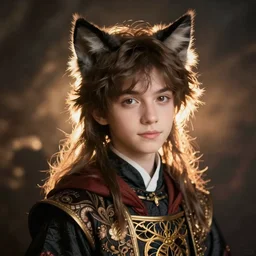 Portrait of a cute stylish mage in his twenties with cat ears. Art by Greg Rutkowski and Alphonse Mucha