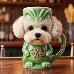 a photorealistic photograph of a Trader Vic's Tiki Mug featuring Bichon Frisé puppy face at bar Trending on Artstation, featured on Behance, well-rendered, Unreal Engine, 4K HD