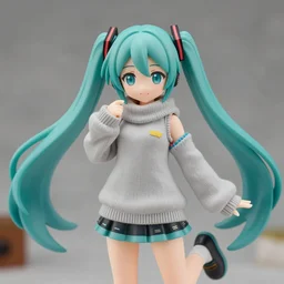 still figurine of hatsune miku in comfy sweater, eyes by kon satoshi, personification, dynamic pose, detailed product photo, featured on amiami, tone mapped, beautiful composition, 8 5 mm, f. 1 4