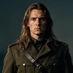 portrait of a soldier with long hairs seeking glory in alan lee and marc simonetti and emil melmoth style  , cinematic lighting