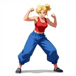photorealistic anime, an athletic young woman with blonde ponytails, a determined and enthusiastic expression, wearing a red tank top and voluminous blue pants, concept art, full body shot, action pose, trending on pixiv