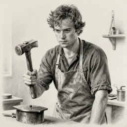film still of charlie day, working as blacksmith, wearing apron, pencil drawing, greyscale, realistic detailed face, holding hammer contrast