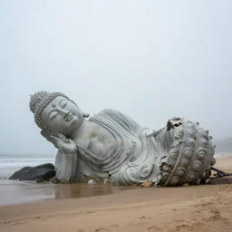 on a foggy morning, a huge broken buddha statue is stranded on the beach by craig mullins