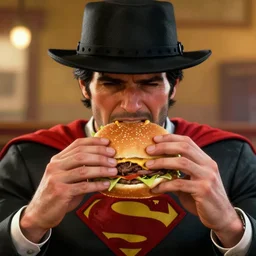 superman eating a hamburger in red dead redemption 2, ultra details
