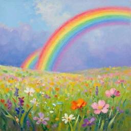 rainbow being in a flower meadow, colorful oil painting