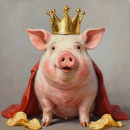 lisa frank superhero pose pig wearing a gold crown potato chips painting by android jones
