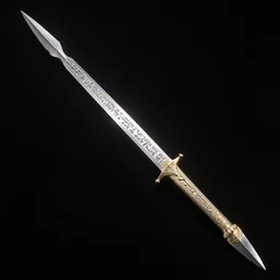 detail photo of long spear of form saber, ornaments as etched hieroglyphs unknown language, weapon artbook, black background, back light, detail intricate, sharp focus, digital fantasy art