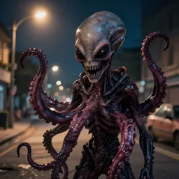 hiddious monster : : upclose, portrait, digital art : : scary, horry terrifying, weird : : alien body : : tentacles : : middle of the street, midnight, streetlight : :