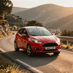 red ford fiesta mk 6 zetec on a mountain road, spain, award winning photograph, golden hour