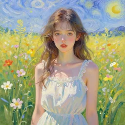 portrait of a beautiful girl in a field of flowers, summer clothes, pastel colors, beautiful face, rule of thirds, spotlight, drips of paint, expressive, passionate, by mandy jurgens, by vincent van gogh, digital painting