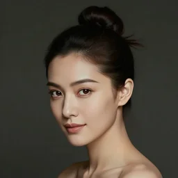 photo portrait of a beautiful woman, head centered portrait, hair styled in a bun, 3 / 4 view, enigmatic natural beauty, little smile, lovingly looking at camera, head in focus, elegant, highly detailed, artistic, concept art, painterly, shot with hasselblad, photography, sharp focus, volumetric lights, art style by annie leibovitz and man ray