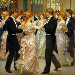 realistic detailed beautiful painting of a royal ball with women dancing in ballgowns and men in black tuxedos by Anna and Elena Balbusso, Art Nouveau, trending on Artstation, rich deep vibrant colors