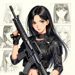 upper body portrait of a beautiful girl with long black hair, wearing black riot gear, holding AR-15, drawn by WLOP, by Avetetsuya Studios, attractive character, colored sketch anime manga panel, trending on Artstation