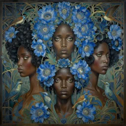 breathtaking detailed concept art painting art deco pattern of afroamerican faces goddesses amalmation light - blue flowers with anxious piercing eyes and blend of flowers and birds, by hsiao - ron cheng and john james audubon, bizarre compositions, exquisite detail, extremely moody lighting, 8 k