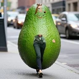 an avocado walking down a street in new york
