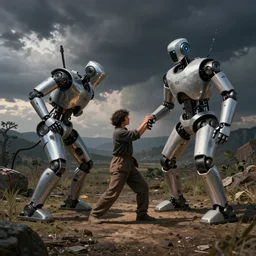 an painter being whipped by a robot