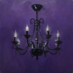 oil painting of a black chandelier swinging violently to the foreground of the painting, dynamic movement, deep purple background, chiaroscuro