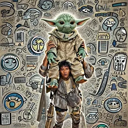 jorge porcel carrying yoda on his shoulders, cinematic, backlighting, trending on artstation, movie poster