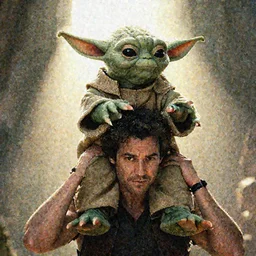 jorge porcel carrying yoda on his shoulders, cinematic, backlighting, trending on artstation, movie poster