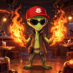 character art by ruan jia, aliens wearing wayfarer glasses and red baseball hat at the star wars cantina, on fire, fire powers, room filled with drinks