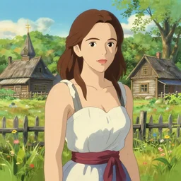 portrait art of beautiful elegant girl emma stone in summer outfit at russian village, art by studio ghibli, makoto shinkai, trending on artstation, intricate details