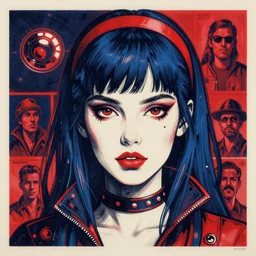 retro 7 0's badass spacegirl, beautiful portrait, centered face, by thomas river and mike huddleston, pascal blanche illustration, dark blue and red, hypermaximalist, hajime sorayama, greg rutkowski, peter mohrbacher, mike mignola, moebius, intricate ink illustration