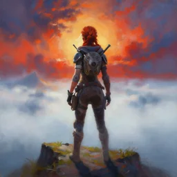 painting of aloy from horizon zero dawn as the wanderer above the sea of fog, intense colors, dramatic lighting, visible paint, by loish, by wlop, by nixeau
