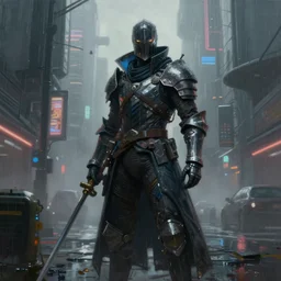 an epic portrait of a cyberpunk knight cloak posing in a foggy croded megacity streets, Night City, cyberpunk 2077, brutalist international futurist, muted neon and constant rain and fog, unreal 5, DAZ, detailed, soft focus, brilliant colors, high contrast, brilliant highlights, 4k, 8k, HD, trending on artstation, trending on DeviantArt, painting oil on canvas illustration by Alena Aenmai by Wayne Barlowe by Gerald Brom by Noah Bradley by Thomas Kincade
